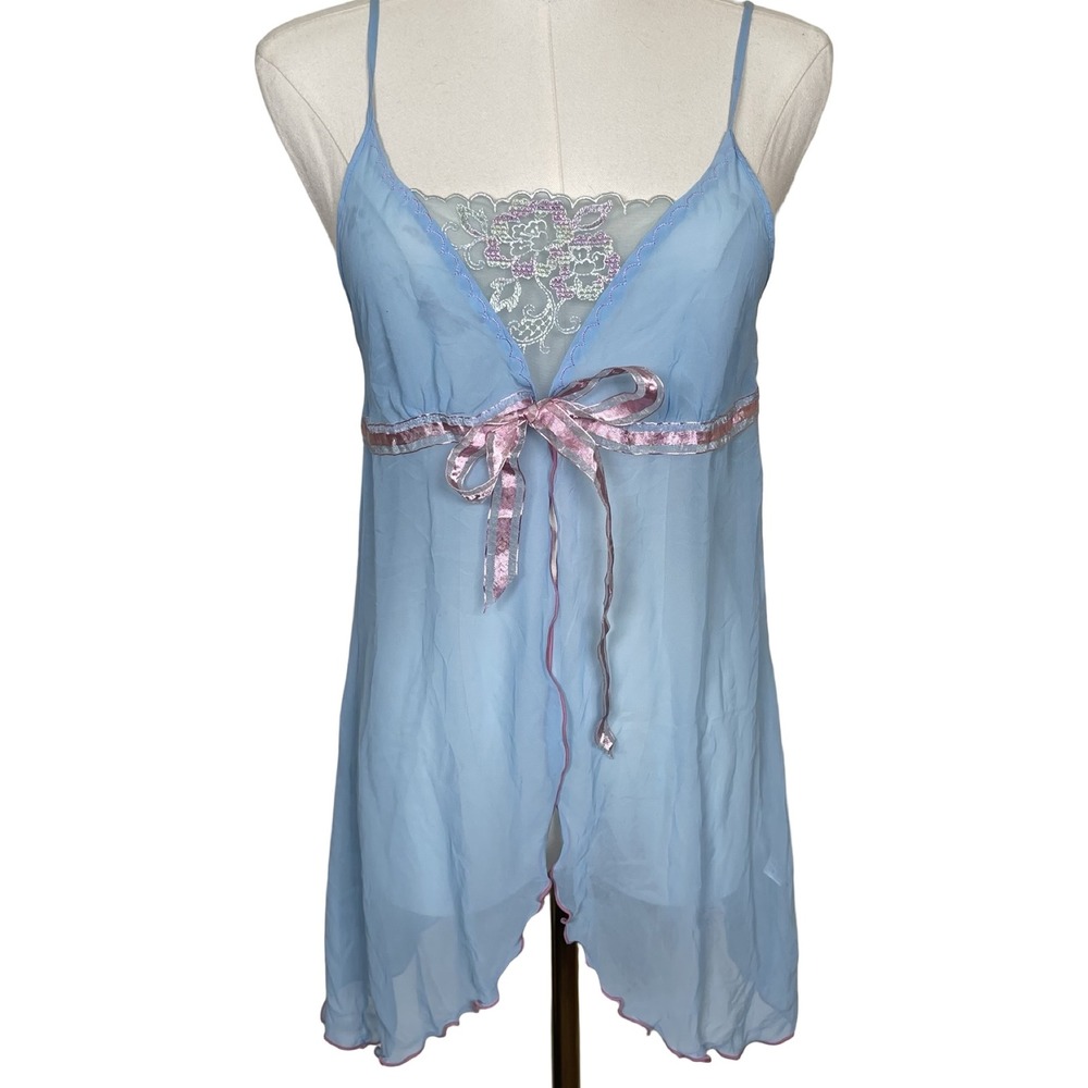 Intimo Lingerie Babydoll Chemise Blue Pink Ribbon Lace Floral M Y2K Fairy Sheer